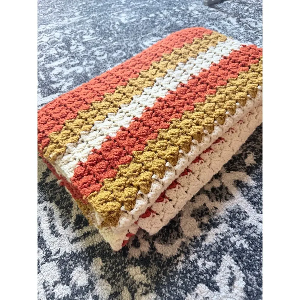 Vintage 70s Handmade Striped Crochet Afghan Orange/yellow/cream Blanket 50x42
